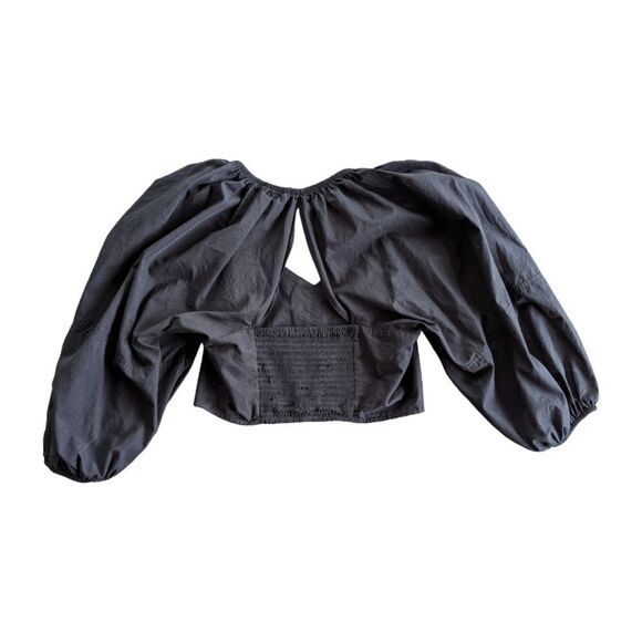 Zara Cutout Back Lantern Sleeve Cropped Sweetheart Neckline Smocked Top Sz M - Picture 5 of 8